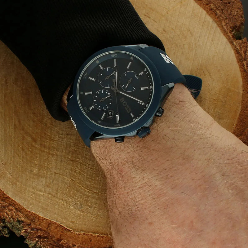 Shop Hugo Boss Velocity Chronograph Blue Dial Blue Rubber Strap Watch For Men - 1514061 in USA