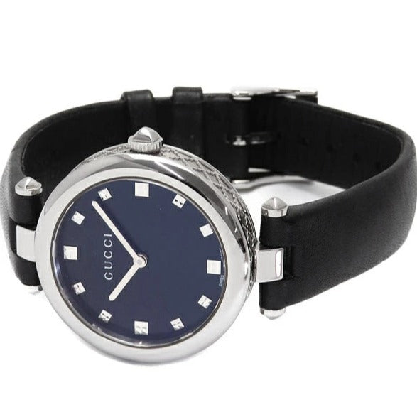 Shop Gucci Diamantissima Diamonds Black Dial Black Leather Strap Watch For Women - YA141403 in USA