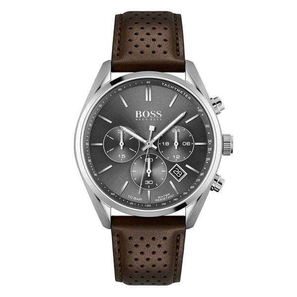 Shop Hugo Boss Champion Grey Dial Brown Leather Strap Watch for Men - 1513815 in USA