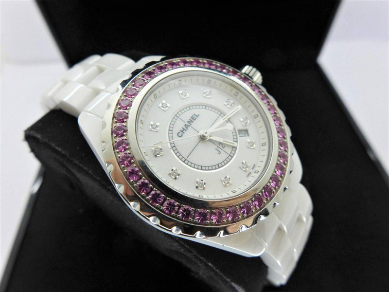 Shop Chanel J12 Sapphire Bezel Ceramic White Dial White Steel Strap Watch for Women - J12 H2010 in USA
