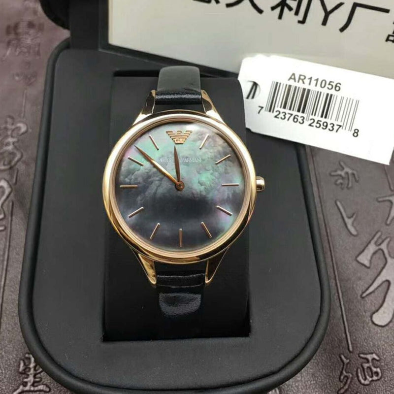 Emporio Armani Aurora Mother Of Pearl Black Dial Black Leather Strap Watch For Women - AR11056 Buy Now By Emporio Armani
