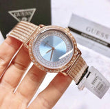 Shop Guess Willow Crystal Blue Dial Rose Gold Mesh Bracelet Watch For Women - W0836L1 in USA