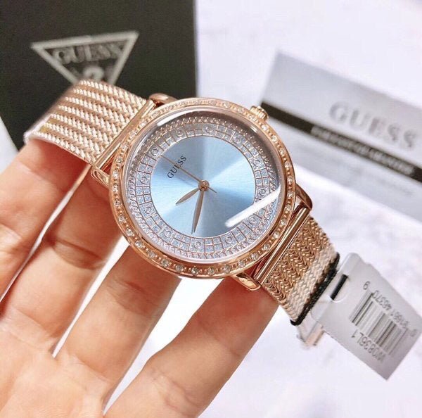 Shop Guess Willow Crystal Blue Dial Rose Gold Mesh Bracelet Watch For Women - W0836L1 in USA