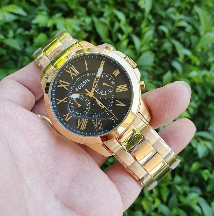 Fossil Grant Chronograph Black Dial Gold Steel Strap Watch for Men - FS4815 Buy Now By Fossil