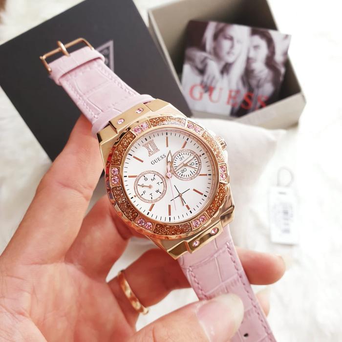 Shop Guess Limelight Quartz Analog White Dial Pink Leather Strap Watch For Women - W0775l3 in USA