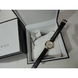 Shop Gucci Diamantissima Mother of Pearl Dial Black Leather Strap Watch For Women - YA141505 in USA