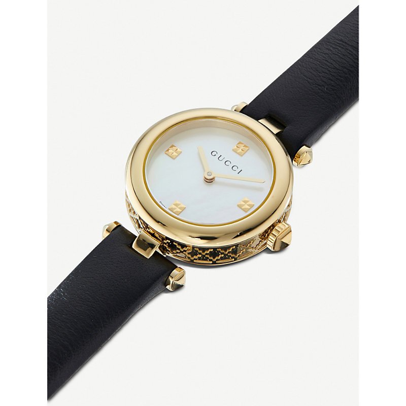 Shop Gucci Diamantissima Mother of Pearl Dial Black Leather Strap Watch For Women - YA141505 in USA