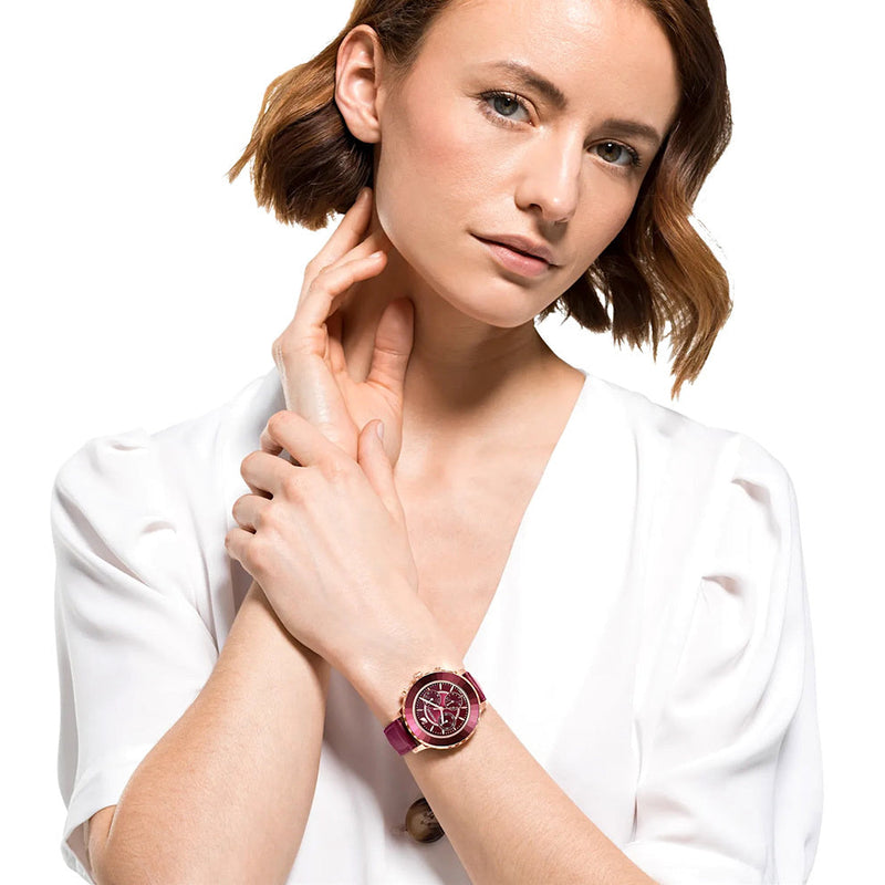 Shop Swarovski Octea Lux Chrono Red Dial Red Leather Strap Watch for Women - 5547642 in USA