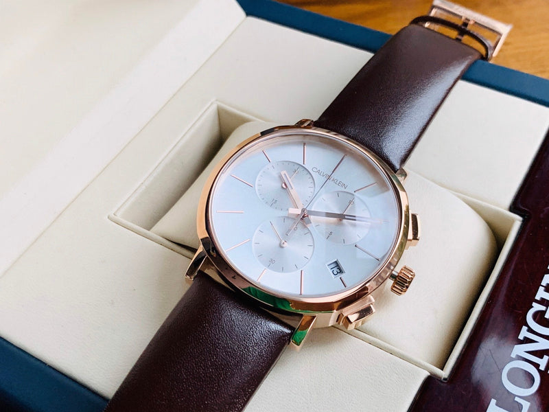 Calvin Klein Posh Chronograph White Dial Brown Leather Strap Watch for Men - K8Q376G6 Buy Now By Calvin Klein