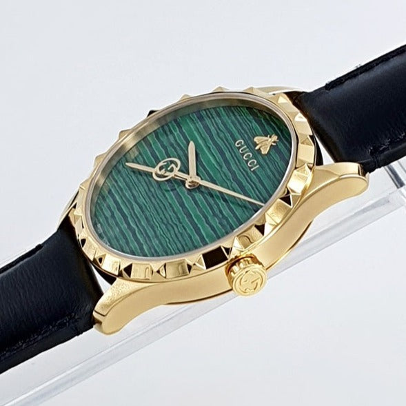 Shop Gucci Le Marche Des Merveilles Quartz Green Dial Black Leather Strap Watch For Women - YA126463 in USA