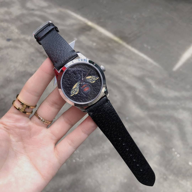 Gucci G Timeless Bee Black Dial Black Leather Strap Watch For Women - YA1264067 Buy Now By Gucci