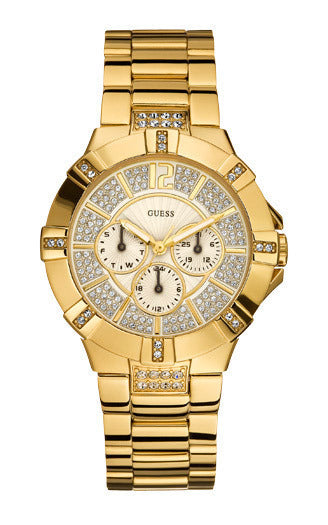 Shop Guess Vista Diamonds Gold Dial Gold Steel Strap Watch for Women - W13573L1 in USA