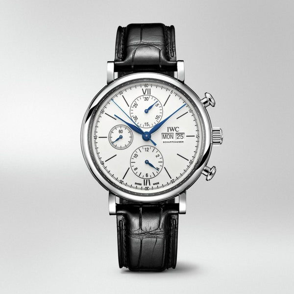 Shop IWC Portofino Chronograph White Dial Black Leather Strap Watch for Men - IW391024 in USA
