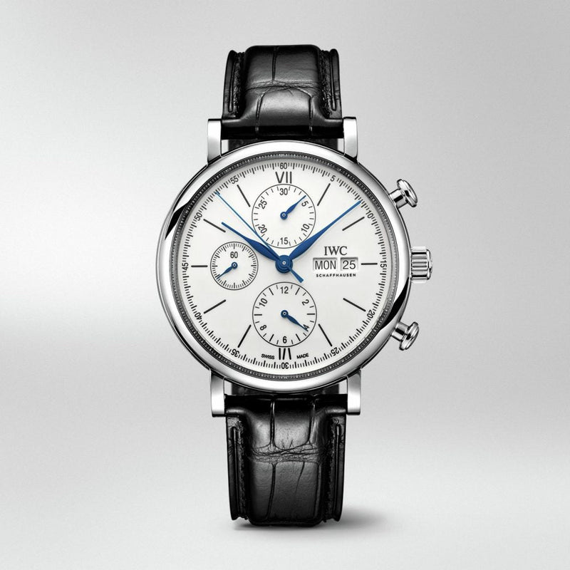 Shop IWC Portofino Chronograph White Dial Black Leather Strap Watch for Men - IW391024 in USA