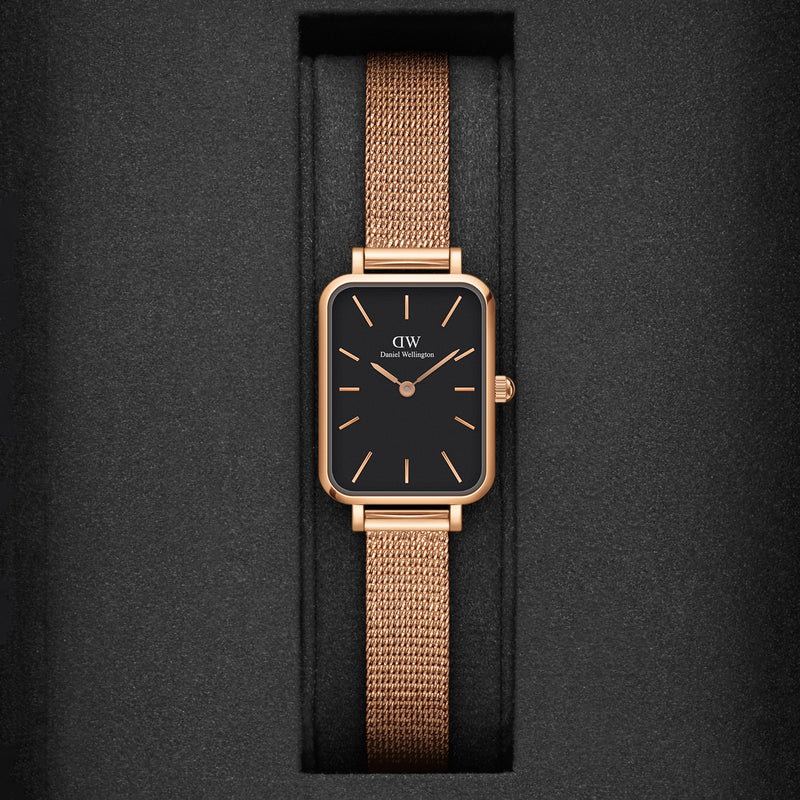 Daniel Wellington Quadro Melrose Black Dial Rose Gold Mesh Bracelet Watch For Women - DW00100432 Buy Now By Daniel Wellington