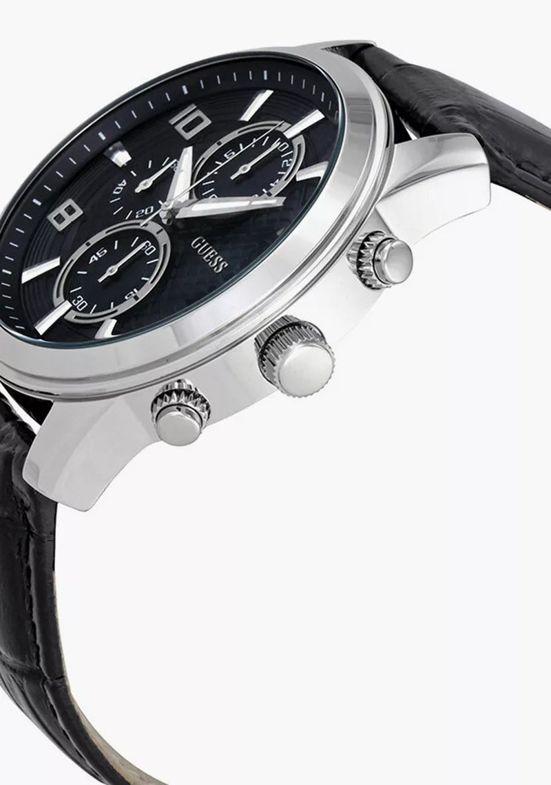 Guess Exec Chronograph Quartz Black Dial Black Leather Strap Watch for Men - W0076G1 Buy Now By Guess
