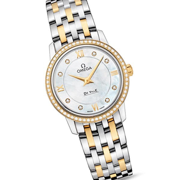 Shop Omega De Ville Prestige Quartz Diamonds Mother of Pearl Dial Two Tone Steel Strap Watch for Women - 424.25.27.60.55.001 in USA