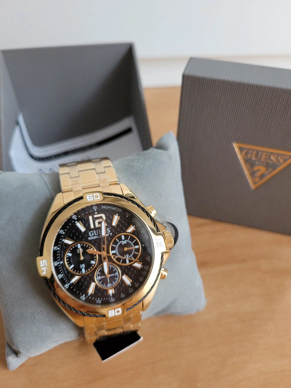 Guess Surge Chronograph Black Dial Gold Steel Strap Watch for Men - W1258G2 Buy Now By Guess