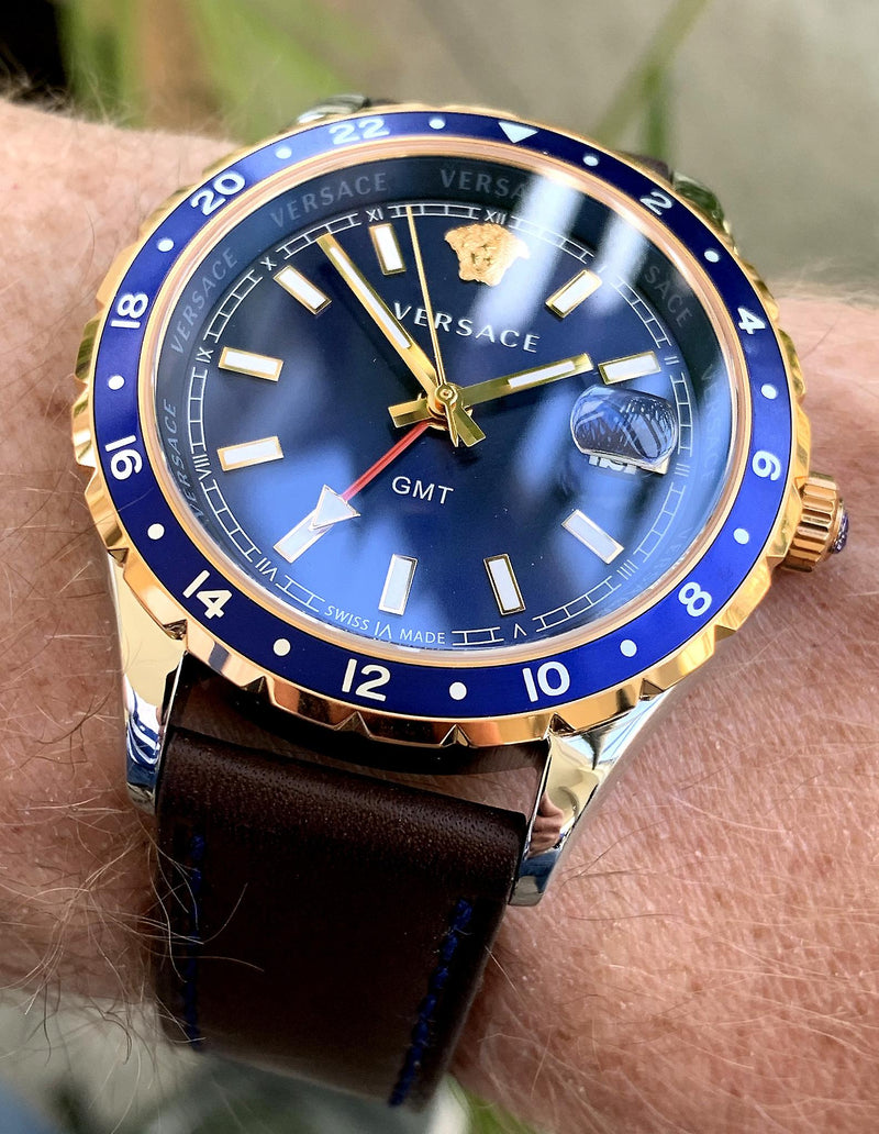 Versace Hellenyium GMT Blue Dial Brown Leather Strap Watch for Men - V11080017 Buy Now By Versace