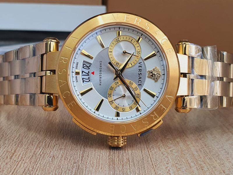 Versace V Racer Chronograph White Dial Gold Steel Strap Watch for Men - VBR060017 Buy Now By Versace