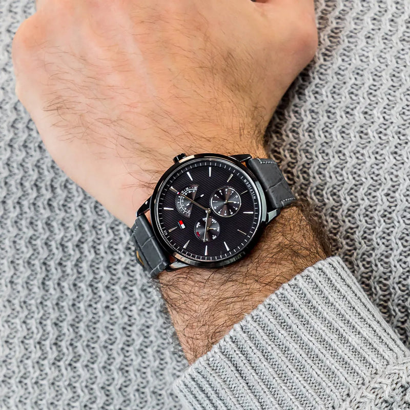 Tommy Hilfiger Brad Chronograph Quartz Grey Dial Grey Leather Strap Watch For Men - 1710388