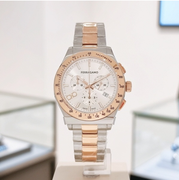 Shop Salvatore Ferragamo 1927 Chrono Silver Dial Two Tone Steel Strap Watch for Men - SFKZ00623 in USA