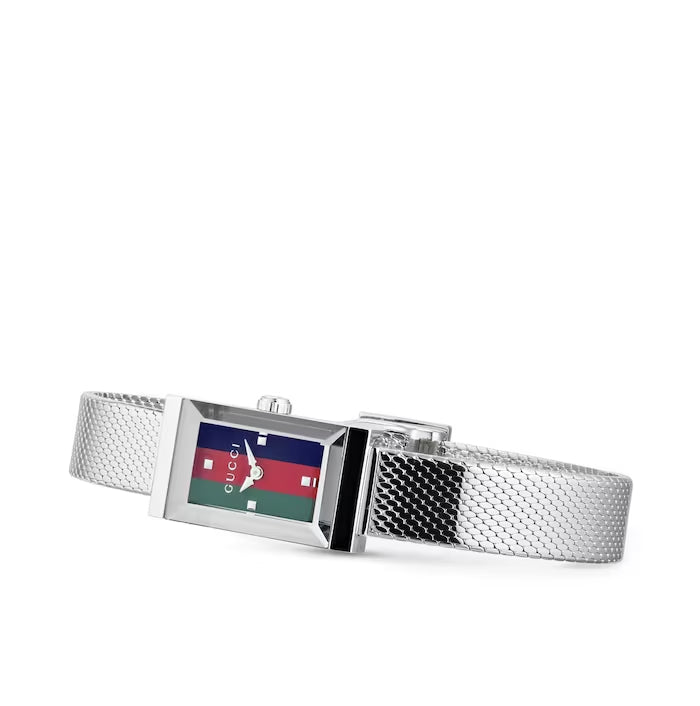 Shop Gucci G Frame Quartz Diamonds Green & Red Mother of Pearl Dial Silver Mesh Bracelet Watch For Women - YA147510 in USA