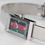 Shop Gucci G Frame Quartz Diamonds Green & Red Mother of Pearl Dial Silver Mesh Bracelet Watch For Women - YA147510 in USA