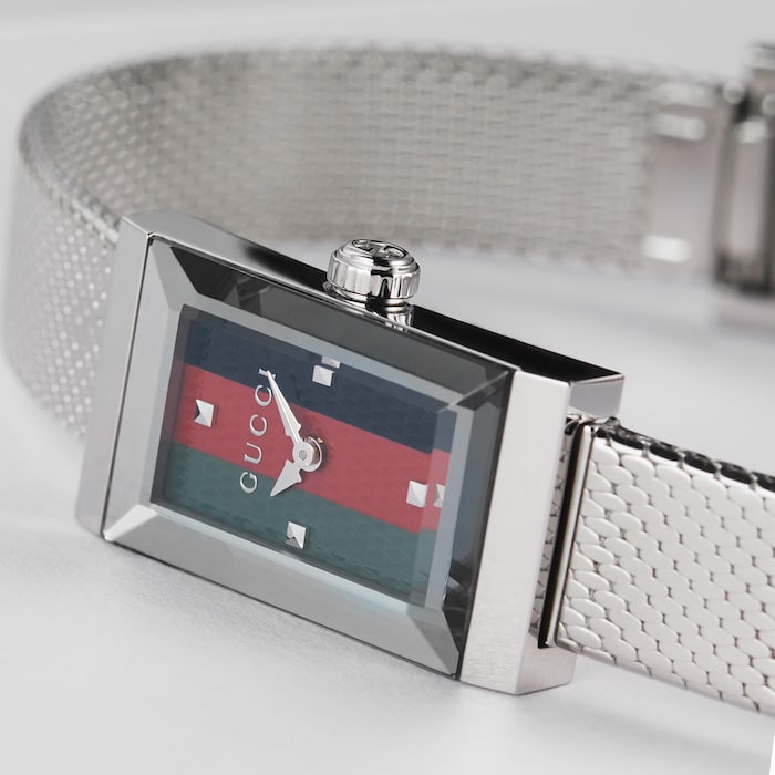 Shop Gucci G Frame Quartz Diamonds Green & Red Mother of Pearl Dial Silver Mesh Bracelet Watch For Women - YA147510 in USA