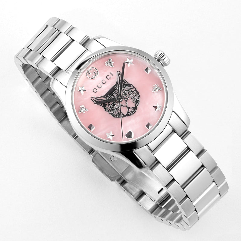 Shop Gucci G Timeless Quartz Mother of Pearl Pink Dial Silver Steel Strap Watch For Women - YA1265013 in USA