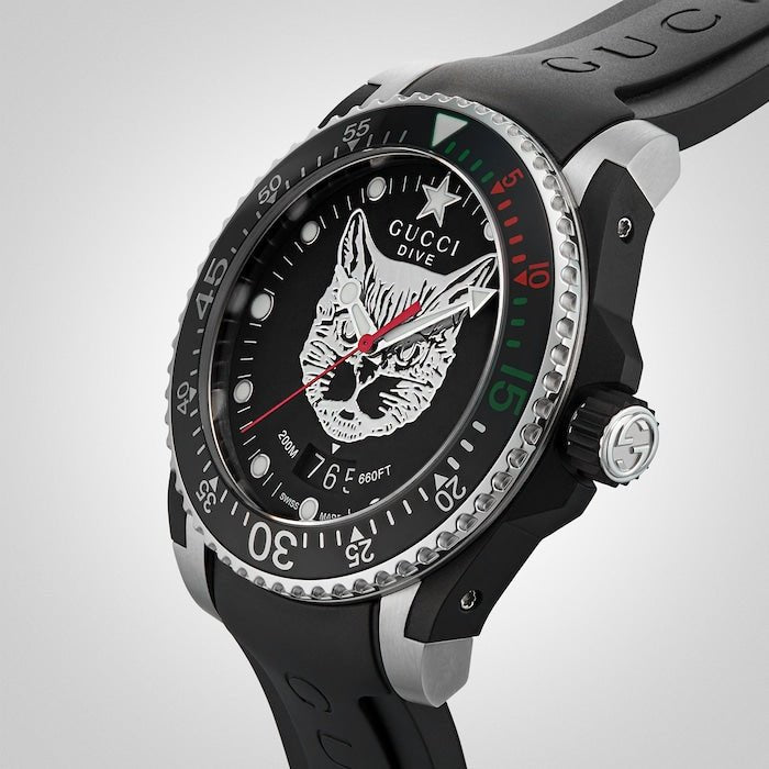 Shop Gucci Dive Feline Black Dial Black Rubber Strap Watch For Men - YA136320 in USA