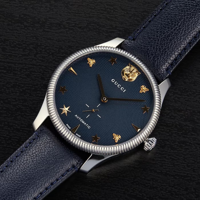 Shop Gucci G Timeless Automatic Blue Dial Black Leather Strap Watch For Men - YA126347 in USA