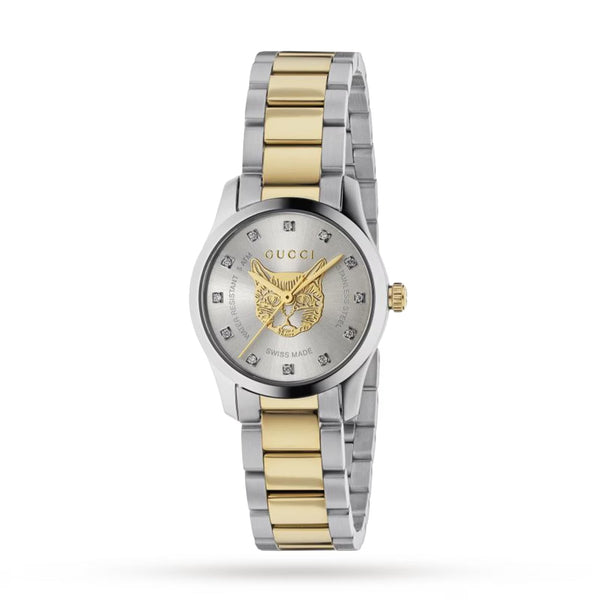 Shop Gucci G Timeless Quartz Diamonds Silver Dial Two Tone Steel Strap Watch For Women - YA1265016 in USA