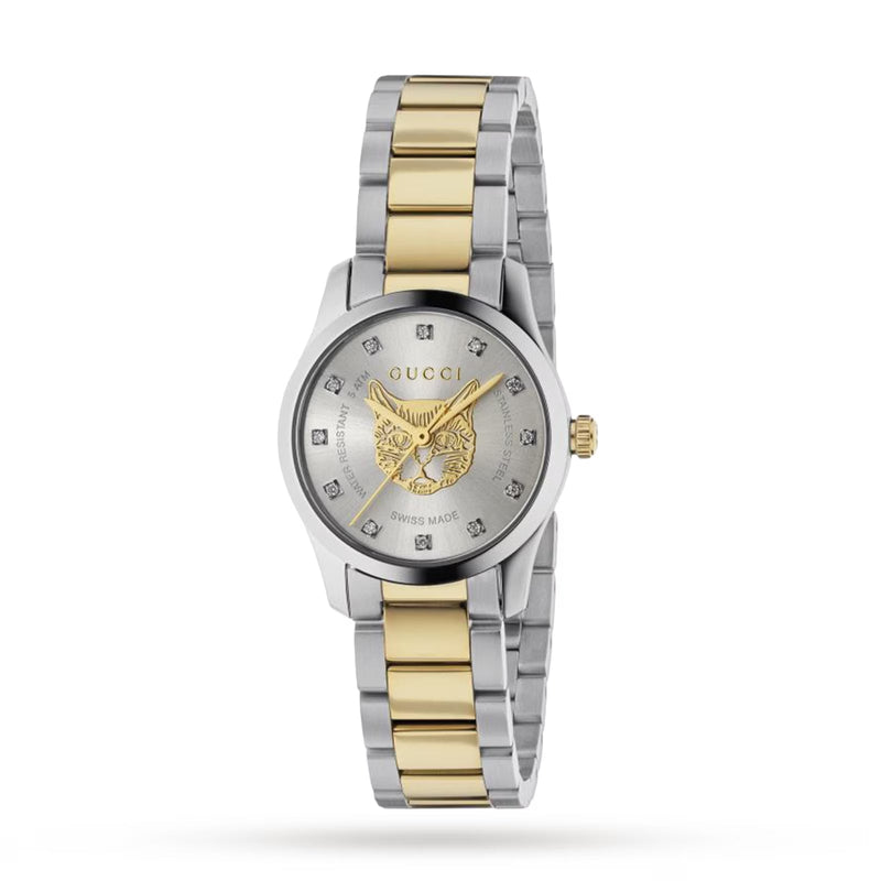 Shop Gucci G Timeless Quartz Diamonds Silver Dial Two Tone Steel Strap Watch For Women - YA1265016 in USA