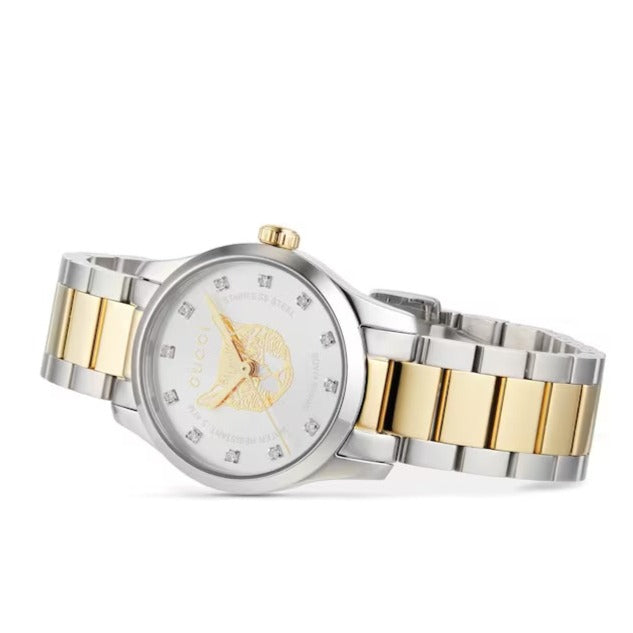 Shop Gucci G Timeless Quartz Diamonds Silver Dial Two Tone Steel Strap Watch For Women - YA1265016 in USA