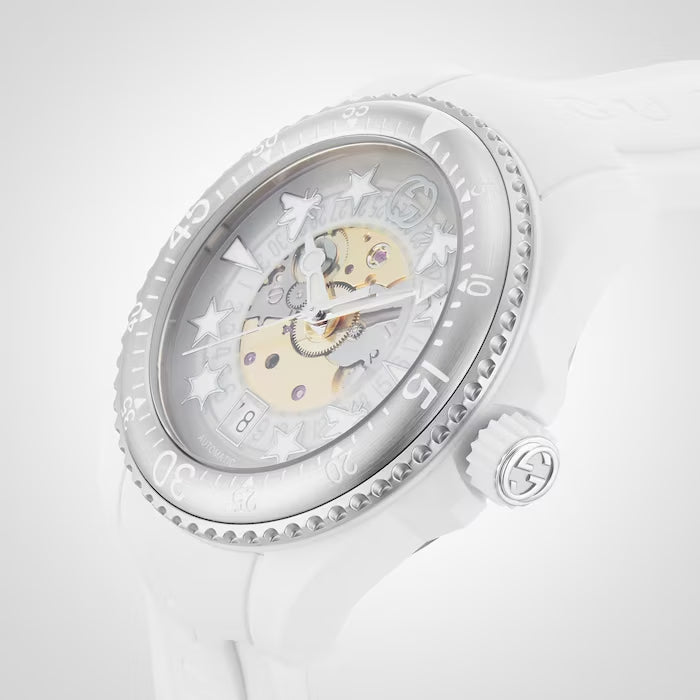 Shop Gucci Dive Automatic Transparent Dial White Rubber Strap Watch For Men - YA136343 in USA