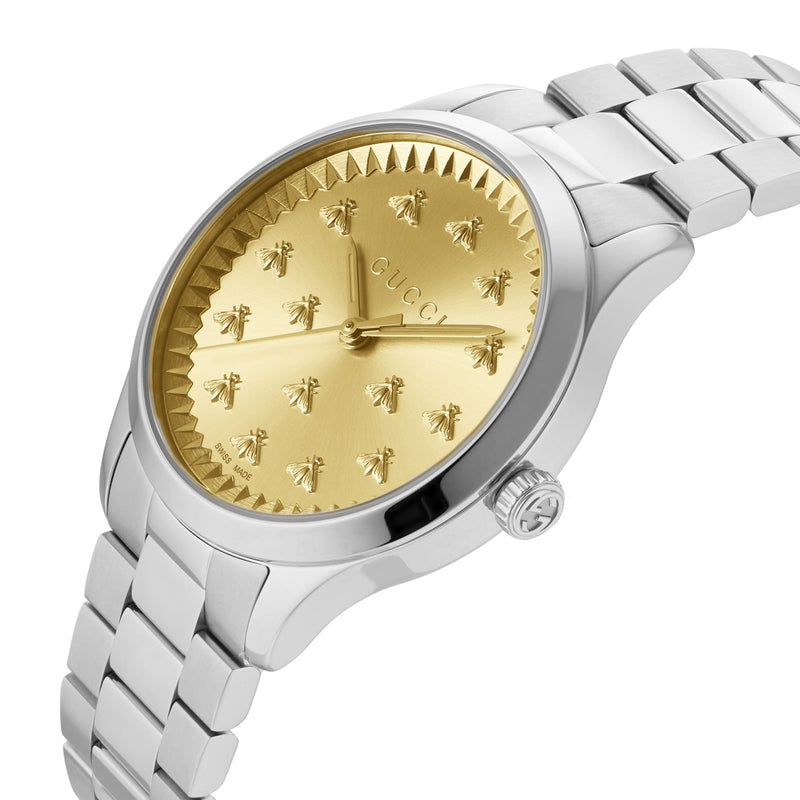 Shop Gucci G Timeless Quartz Gold Dial Silver Steel Strap Watch for Women - YA1265035 in USA