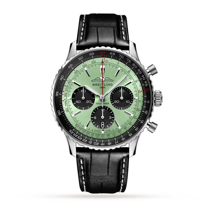Shop Breitling Navitimer B01 Chronograph 43 Green Dial Black Leather Strap Watch for Men - AB0138241L1P1 in USA