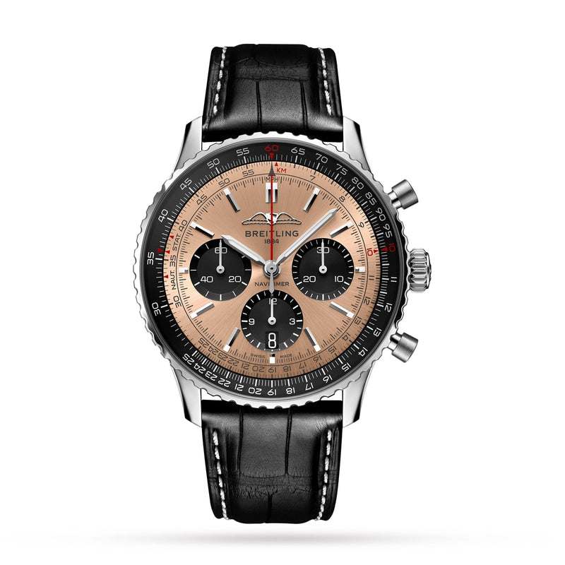 Shop Breitling Navitimer B01 Chronograph 43 Brown Dial Black Leather Strap Watch for Men - AB0138241K1P1 in USA