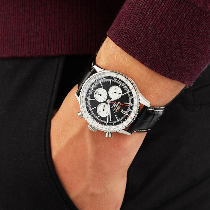 Shop Breitling Navitimer B01 Chronograph 46 Black Dial Black Leather Strap Watch for Men - AB0137211B1P1 in USA