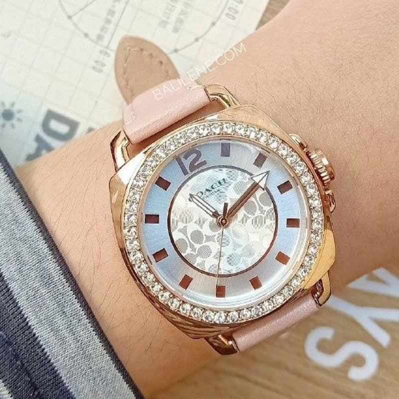 Coach Boyfriend Mother of Pearl White Dial Pink Leather Strap Watch for Women - 14503151 Buy Now By Coach