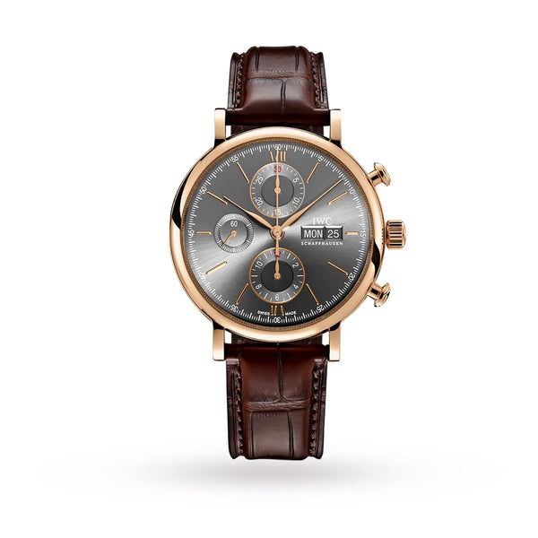 Shop IWC Portofino Chronograph Grey Dial Brown Leather Strap Watch for Men - IW391021 in USA