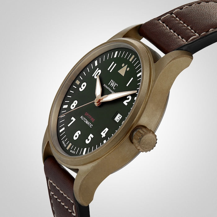 Shop IWC Pilot's Watch Automatic Spitfire Green Dial Brown Leather Strap Watch for Men - IW326802 in USA