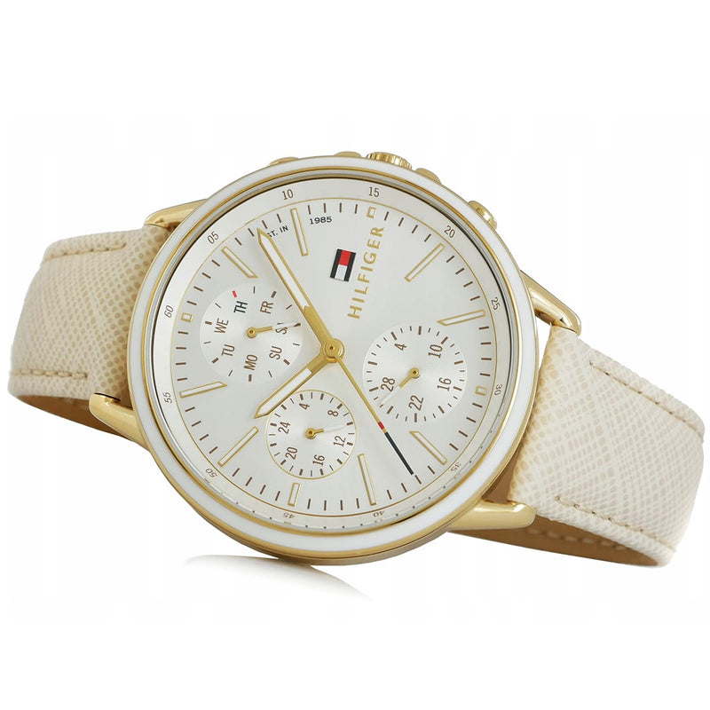 Shop Tommy Hilfiger Carly Silver Dial Cream Leather Strap Watch for Women - 1781790 in USA