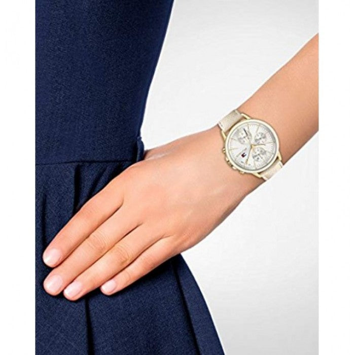 Shop Tommy Hilfiger Carly Silver Dial Cream Leather Strap Watch for Women - 1781790 in USA