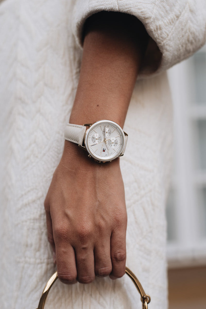 Shop Tommy Hilfiger Carly Silver Dial Cream Leather Strap Watch for Women - 1781790 in USA
