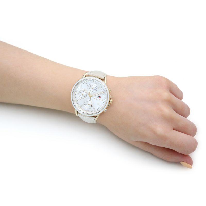 Shop Tommy Hilfiger Carly Silver Dial Cream Leather Strap Watch for Women - 1781790 in USA