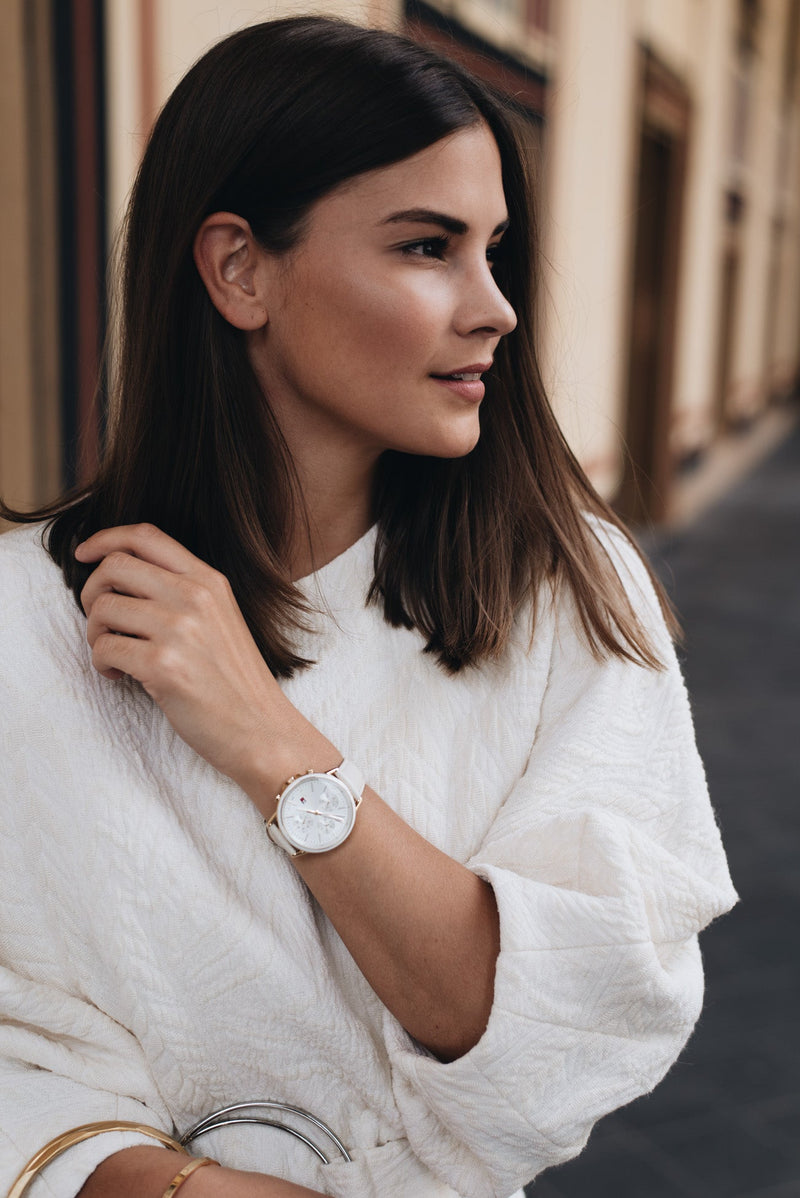 Shop Tommy Hilfiger Carly Silver Dial Cream Leather Strap Watch for Women - 1781790 in USA