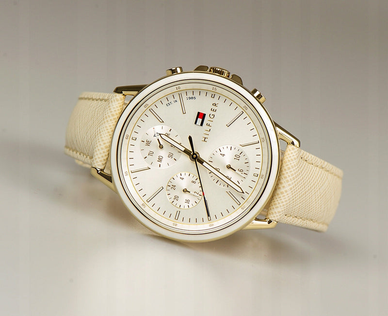 Shop Tommy Hilfiger Carly Silver Dial Cream Leather Strap Watch for Women - 1781790 in USA
