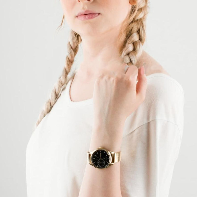 Shop Tommy Hilfiger Brooke Black Dial Gold Steel Strap Watch for Women - 1782019 in USA